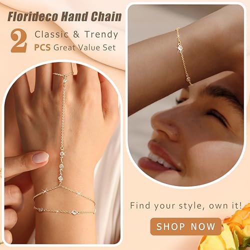 Florideco Gold Hand Chain Bracelets for Women Trendy 2 Piece Adjustable Finger Ring Bracelet Stack Dainty 14K Gold Plated CZ Layered Beaded Hand Chains Jewelry Gifts4