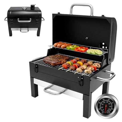 Barbecue Charbon de Table avec couvercle pour le fumetage Thermomètre surface de cuisson 32x48 cm pour jardin balcon camping