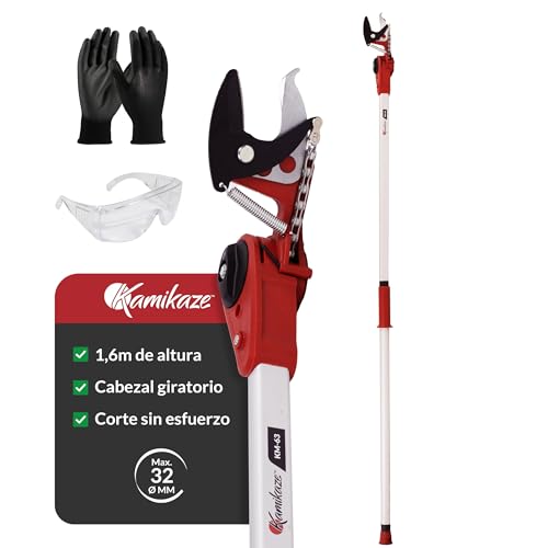 KAMIKAZE Tijera en Altura para Poda. Pértiga de 1,6m con Mecanismo Poleas Reductor de Fuerza. Cabezal Giratorio. Ideal para Poda de Ramas Altas y Paisajismo. Corta Ramas con Cuchillas de acero SK5.