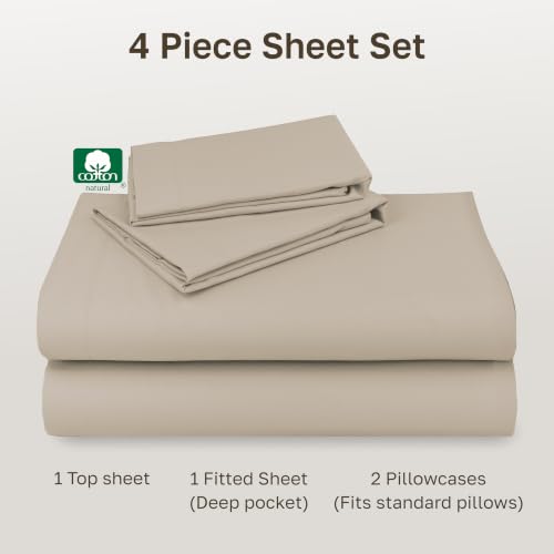 Image of California Design Den Natural 100% Cotton Sheets Full Size Bed Set with Deep Pockets - Soft Sateen Weave, Durable Full Size Bed Sheets Beige (Warm Taupe)