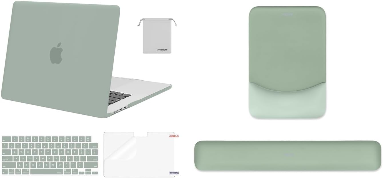 MOSISO Compatible with MacBook Air 15 inch Case 2023 2024 M2, Rectangular Ergonomic Wrist Rest Support for Mouse Pad&Keyboard Set&Shell&Keyboard Cover&Screen Protector&Storage Bag, Antique Green&Green