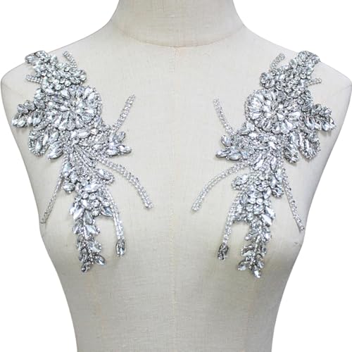 PEARLY JUN 1 Pair Rhinestone Beaded Applique Patches Silver White Iron on Handcrafted Hot Fix Clothing Diamond DIY for Evening Dresses Bridal Gowns Dance Costumes Embellishments