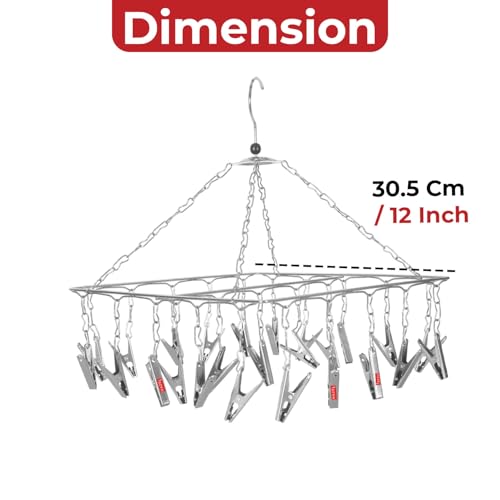 Image of HAZEL Stainless Steel Square Hanger with 25 Clips | Set of 10 | Space Saving Clothes Drying Rack for Socks, Baby Clothes & Undergarments
