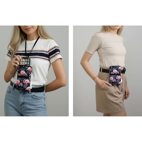 Image of Tainada 2-Zip Neck Phone Pocket Bag w /Belt Loop (Flamingo Pattern Gray) | For Men /Women; Water-resistant neoprene pouch, shockproof, lightweight, w /carabiner; Compatible with most of smartphones