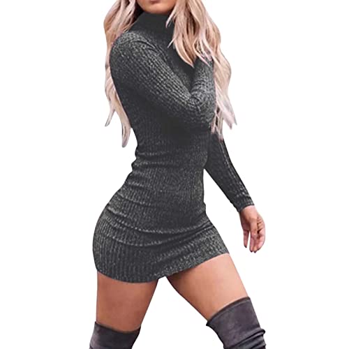 Vestidos de Verano Mujer 2022 Vestidos de Cuello para Mujer Vestido de Manga Larga de Punto Inferior de Color sólido con Abrigo de Cadera Vestidos Cortos Sexy Delgados Vestido Pegado Al Cuerpo Mujer Cover