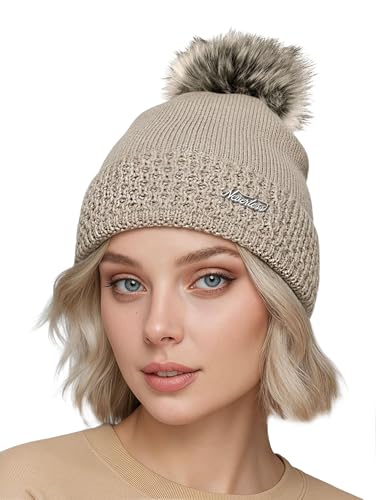 Neverless® Damen Strickmütze mit Stickmuster-Mix Feinstrickmütze gefüttert Fleecefutter mit Bommel aus Fake Fur Wintermütze Hell-beige Unisize
