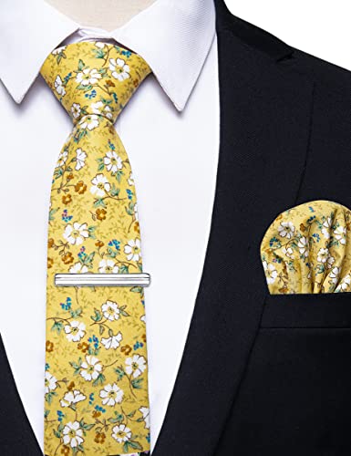 Image of YourTies Cotton Floral Tie for Men 2.5 inch Printed Skinny Necktie Pocket Square Tie Clip Set Flower Wedding Party Groom