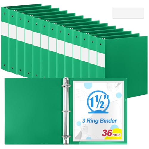 Henoyso 36 Pcs 3 Ring Binder 1.5 Inch Plastic Flexible Round Binder Fits Letter Size 8.5 x 11 Inch Paper Holds 300 Sheets with 1 Pockets for Office School (Green)
