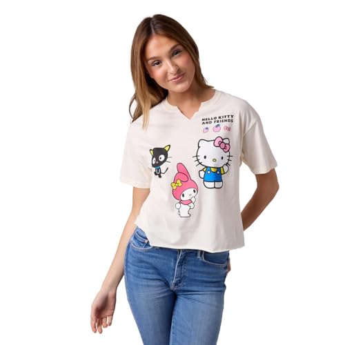Hello Kitty & Friends Chococat My Melody & Hello Kitty Women's Sand V-Neck Short Sleeve Cropped Tee - Large