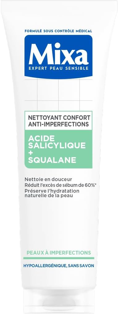 Mixa - Nettoyant Confort Anti-​imperfections à l'Acide Salicylique et au Squalane - Peaux à Imperfections Mixtes à Grasses - Soin du Visage Hydratant Protecteur - Démaquillant Peau Grasse - 150 ml