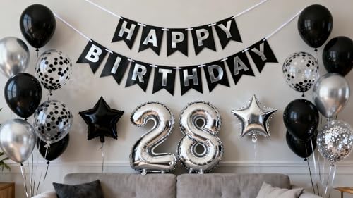 Black Silver 28th Birthday Party Decorations, Metallic Silver 28th Birthday Latex Balloons Set, Happy 28th Balloons Supplies for Men Woman 28 Years Anniversary Party(28th)