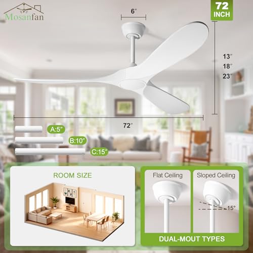 Image of 72 Inch Ceiling Fans with Lights and Remote, Wood Outdoor Ceiling Fan with 6 Speed Noiseless DC Motor, Indoor Modern 3 Blade Propeller Ceiling Fan for Bedroom Living Room Gazebo Patio (White)
