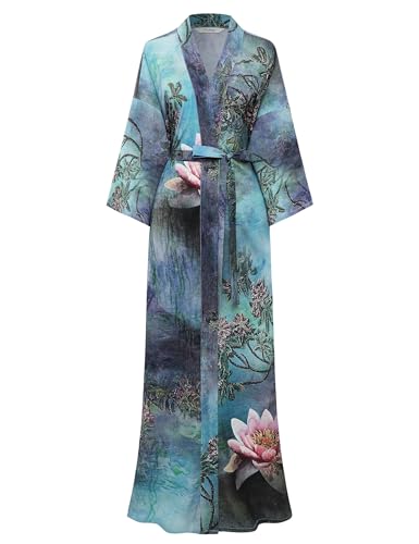 BABEYOND Peignoir kimono long pour femme - En chiffon léger satiné - Manches mi-longues - Coupe ample - Peignoir de bain, Turquoise., taille unique