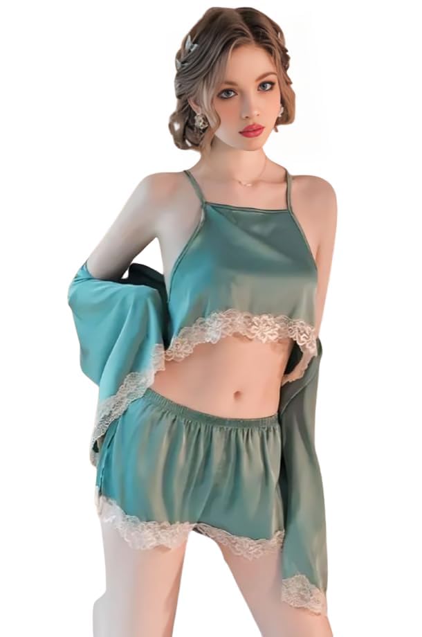 ssoshhub Women 3 Piece Lingerie Deep V Satin Bra Panty Bikini with Robe Babydoll Teddy Bridal Honeymoon Valentine Halloween Nightdress-picture-7