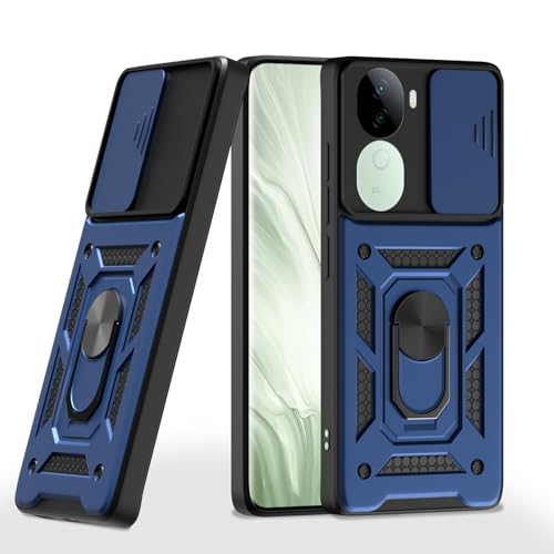 Image of Pikkme Back Cover for Vivo V40e 5G / iQOO Z9s 5G | 360 Protection Case | Sliding Camera Shield Cover & Ring Holder Stand D10 Tough Armor Bumper Case (Blue)