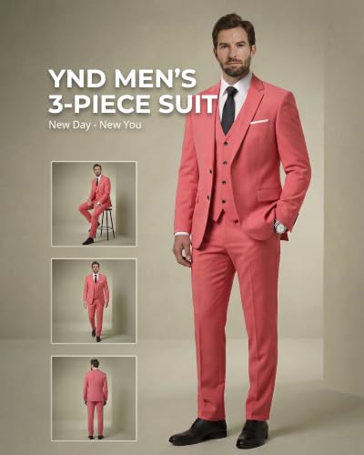 Image of YND Men's 3 Piece Suit with Tie, Solid Color Slim Fit Jacket Vest and Pants