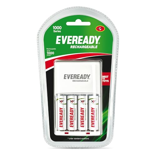 Image of Eveready Rechargeable AA Battery with Charger, 600 mAh, 1.2V NiMH, Rechargeable Up to 1000 Times*, Ideal for Trimmers, Toys, Cordless Phones, Gaming Controllers etc, Pack of 4