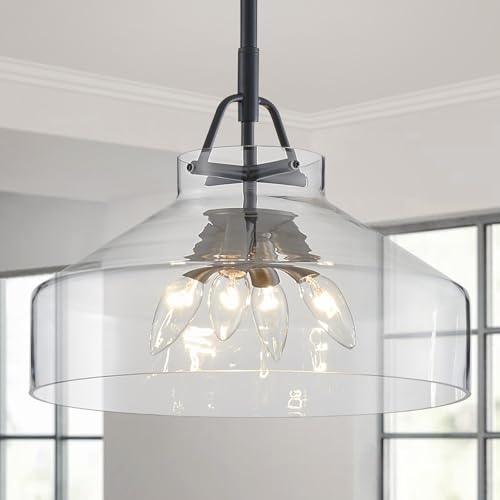 Image of WUZUPS Chandelier Rustic Farmhouse Industrial Round Ceiling Pendant LED Light Fixture with Clear Glass Shades for Dining Room Kitchen Island Foyer Entryway, H 11.8 inch W 15 inch, E26 Base, Brushed Nickel
