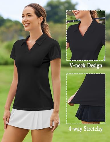 Image of PINSPARK Womens Golf Shirt Short Sleeve Polo V-Neck Quick Dry Tennis Tops | Moisture-wicking Breathable Fabric, Classic Collar, Slim Fit, Ideal for Golf Tennis Pickleball Casual
