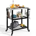 YITAHOME Outdoor Grill Cart Table Patio Food Prep and Work Cart Table Three-Shelf Stainless Steel Flattop Outdoor Cooking Prep Table with Wheels