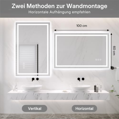 Dripex LED Badspiegel 60 x 100 cm, 3 Lichtfarben, Antibeschlag fürs Bad – Ansicht 5