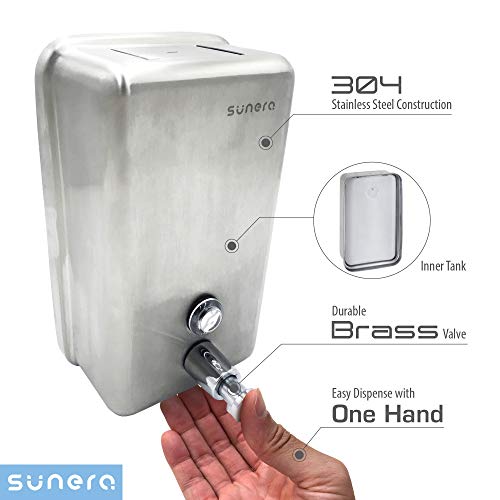 Sunera 304 Stainless Steel Commercial Soap Dispenser With Plastic Container, Wall Mounted For Restroom - Premium Brass Valve #TOP1