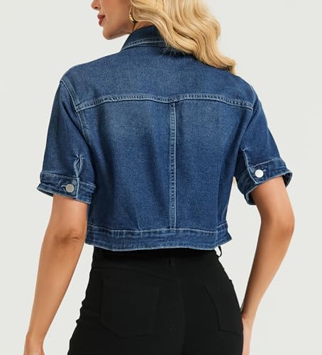 LifeShe Women Stretch Cropped Denim Jacket Short Sleeves Button Down Trucker Jean Jackets Coats2