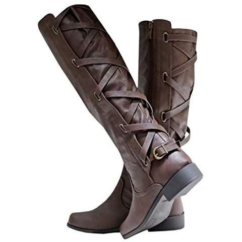 Syktkmx Womens Strappy Motorcycle Knee High Boots Winter Lace Up Riding Flat Low Heel Shoes, Dark Brown, Size 8 Cover