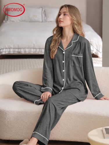 Image of SWOMOG Womens Pajamas Set Long Sleeve Sleepwear Button Down Nightwear Soft Cotton Pj Lounge Sets
