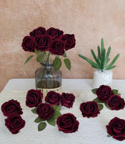 Burgundy Artificial Roses Flower Heads 25 PCS Velvet Real Look Silk Rose Flowers with Stems for DIY Wedding Party Baby Shower Home Decoration image 8