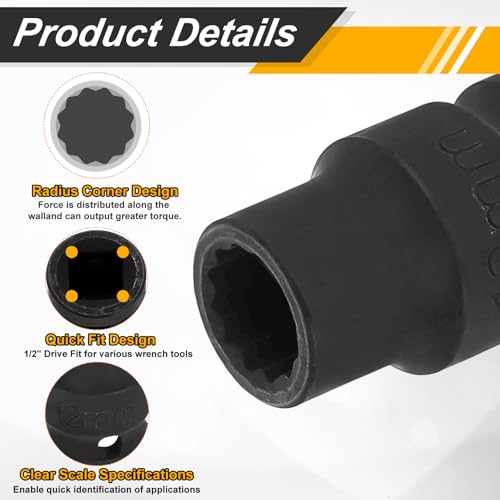 Image of HARFINGTON 2pcs 1 /2 inch Drive x 12mm Shallow Impact Socket 12-Point Metric CR-V Steel Spindle Nut Impact Flip Sleeve for Home Auto Nuts Bolts Repair