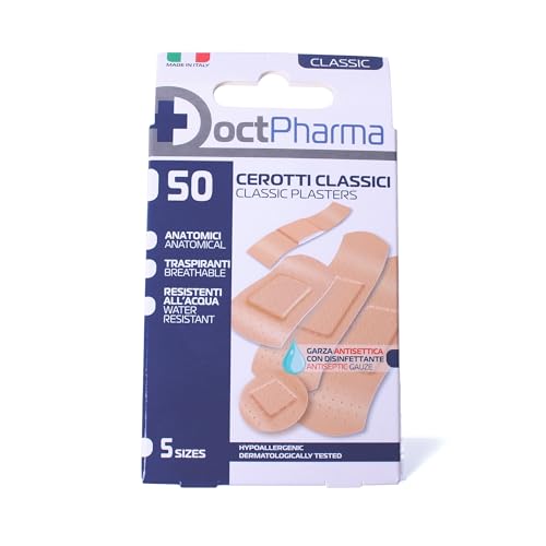 Doctpharma Cerotti Classici 50 Pezzi, 5 Forme Anatomiche Diverse, Traspiranti, Resistenti all’Acqua, Ipoallergenici, Cerotti Adesivi Medici per Ferite, Tagli, Abrasioni