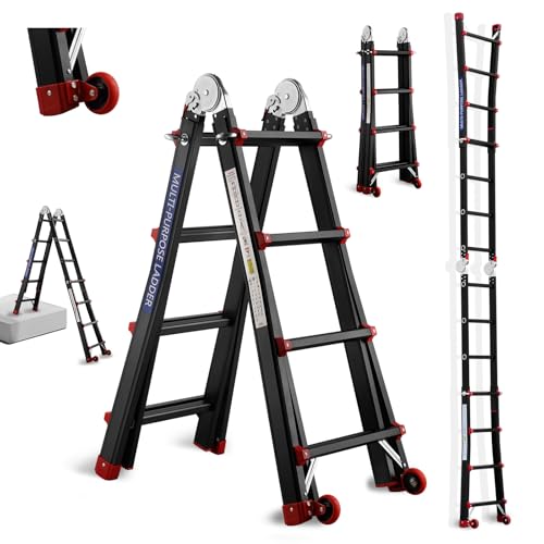 TEENO Escalera de Aluminio Multifunción 4 M| 4x4 Peldaños| Escalera Telescópica 5 en 1 con Desmontable Ruedas y Base Triangular Reforzada| Carga Máxima 150 kg, Negro