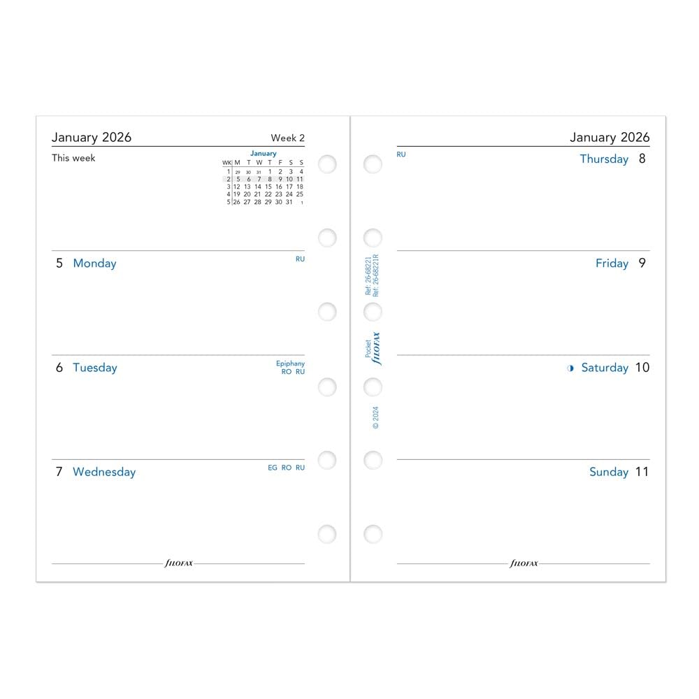 Filofax Taschenkalender 2026, 1 Woche auf 2 Seiten, englisch, 8,1 x 12 cm