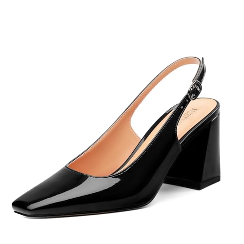 Comfortable Block High Heels for Women Solid Slingback Patent Square Closed Toe Pumps Party Office Wedding Dress Shoes 3 Inches
