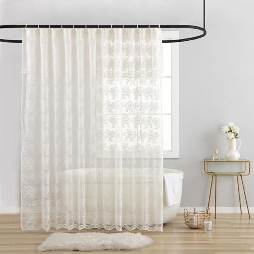 TUDECO Lace Vintage Shower Curtain with Attached Valance Fancy Rustic Floral Sheer Shower Curtains for Bathroom Scalloped Edge Reinforced Holes Top Ivory Bathroom Decor 72 x 72 Inch 1 Panel