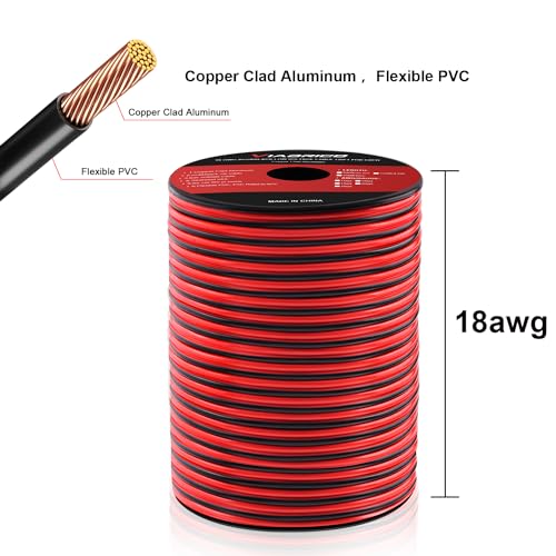 100FT 18 AWG Gauge Electrical Wire, DC 12V Hookup Red Black Copper Stranded Auto 2 Cord Low Voltage, Extension Cable with Spool for LED Ribbon Lamp Light