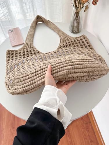 Image of SweatyRocks Women's Crochet Beach Mesh Tote Bags Retro Hobo Knitted Fishnet Handbags Khaki one-size