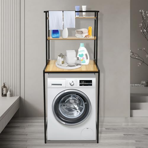 Xingfx Washer and Dryer Storage Shelf, 3-Tier over Washing Machine Storage Unit, Hangable Storage Rack, Bathroom Space Saving Organizer Rack, 27,16 x 23,62 x 69,48in, Black+ Log