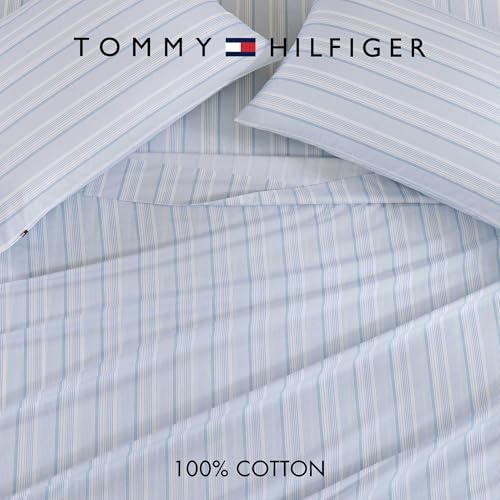 Image of Tommy Hilfiger - Queen Bed Sheets, Crisp & Cool Cotton Percale Bedding with Matching Pillowcases, Lightweight Bed Set, Oeko-Tex Certified (Sailing Stripe Blue)