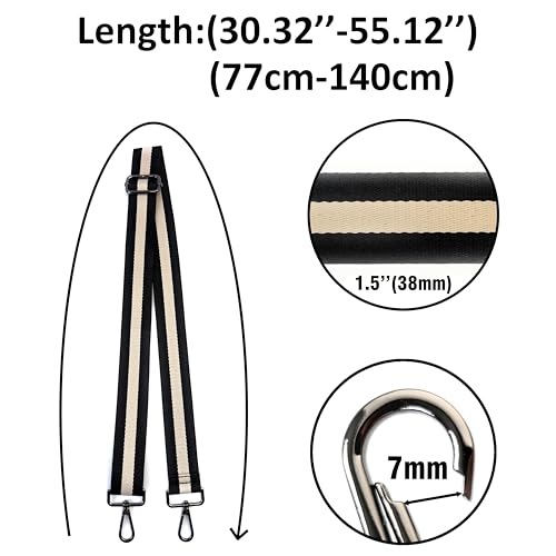 Image of Classic Black Beige Stripe Purse Strap with Light Gold Hardware 1-1 /2 Inch Wide Replacement Crossbody Guitar Style Shoulder Strap for Handbags Totes