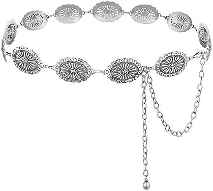 BOMAI Women Western Oval Concho Chain Belt Adjustable Turquoise Metal Waist Chain Belt for Jeans or Dresses