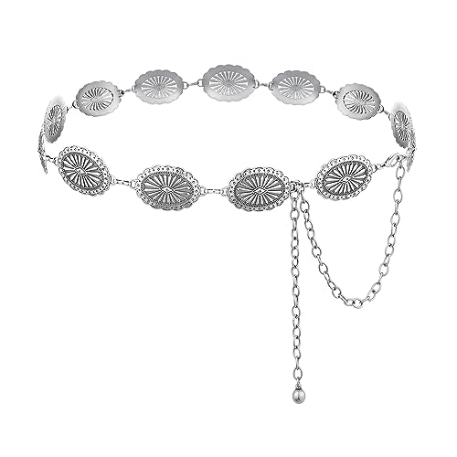 Bomai Women Western Oval Concho Chain Belt Adjustable Turquoise Metal Waist Chain Belt For Jeans Or Dresses #TOP2