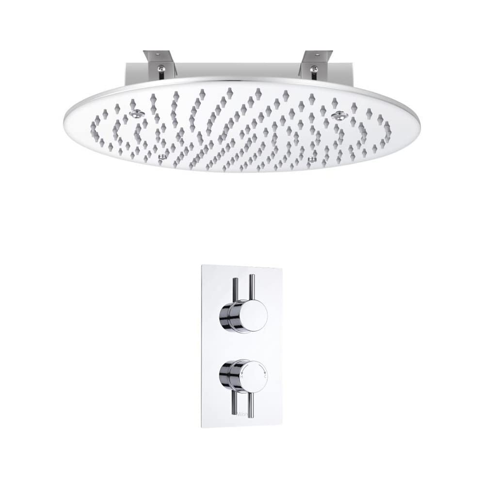Milano Mirage - Modern Twin Thermostatic Mixer Shower Valve with 400mm Ceiling Mounted Recessed Round Rainfall Shower Head - Chrome