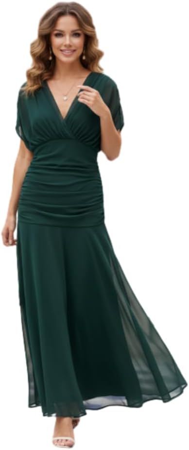 Women's Off Shoulder Floral Chiffon Wrap Maxi Dress Lined Ruched Waist Elegant Wedding Guest Evening Party Dresses