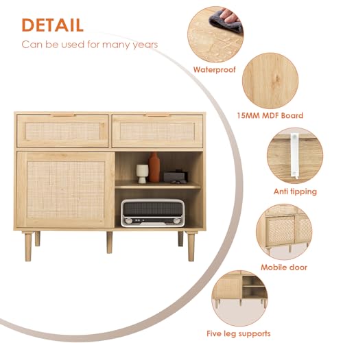 Hopubuy Rattan Buffet Cabinet With Storage, 39Inch Storage Cabinet With Rattan Decor Mobile Doors, Farmhouse Accent Cabinet Sideboard Cabinet For Hallway thumb #3