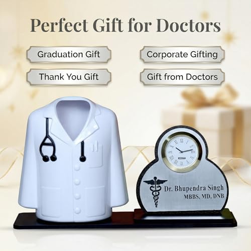 Image of Premium Apron /Coat Shape Pencil Holder for Clinic and Office Desk with clock | personalized gift for doctor Pen Stand | The best gift for doctors female, male & Medical Aspirants