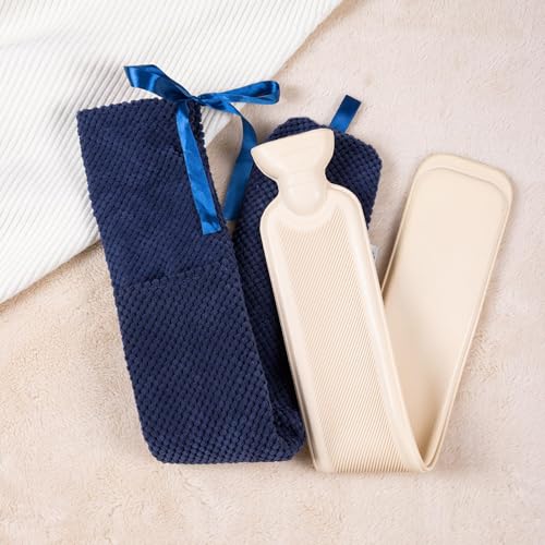 Premium 2.25L Rubber Hot Water Bottle w/Soft Merbau Corduroy Silk Ribbon Cover (Navy/White)