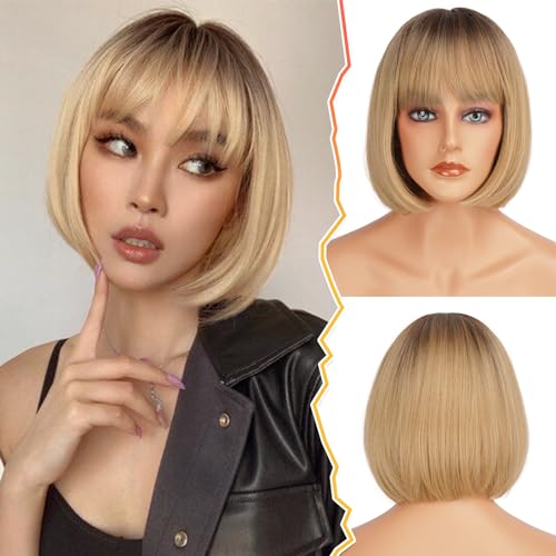 BARSDAR Short Bob Wig with Bangs - Short Blonde Ombre