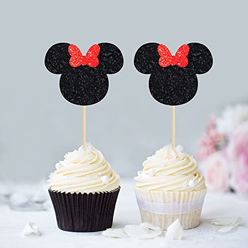 Gyufise 36 Pack Black And Red Glitter Mouse Inspired Cupcake Toppers With Bow Mouse Cake Decorations For Baby Shower Wedding Kids Baby Birthday Party Supplies #TOP6